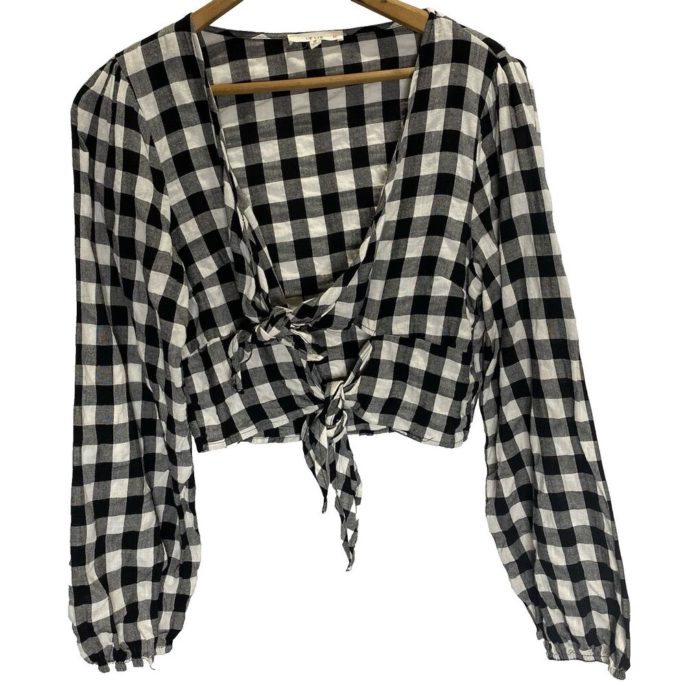 Le Lis Gingham Halter Top Women M Cropped Tie Front Checked Long Sleeves Black